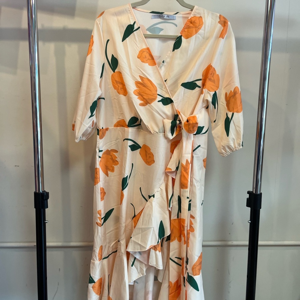 Asymmetrical Floral Dress in Cream and Orange